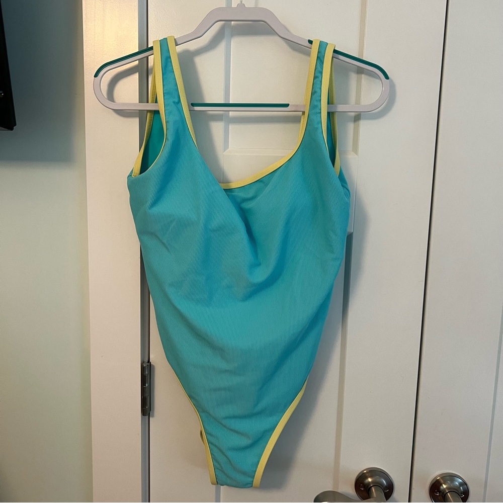 LainSnow Turquoise One-Piece Swimsuit with Yellow Trim